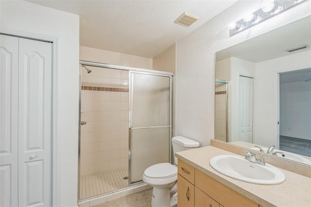 full bathroom featuring a shower stall, a closet, toilet, and visible vents