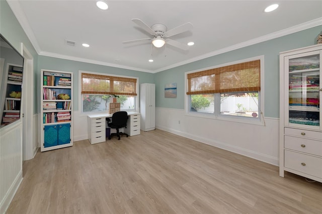 1722 Hazelwood St, Sarasota, FL 34231 - unfurnished office with plenty of natural light, ceiling fan, light wood-type flooring, wainscoting, and crown molding