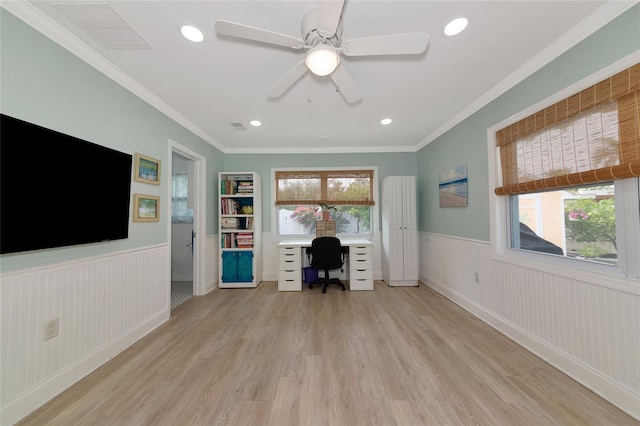 1722 Hazelwood St, Sarasota, FL 34231 - home office featuring a wainscoted wall, plenty of natural light, light wood-style flooring, crown molding, and a ceiling fan