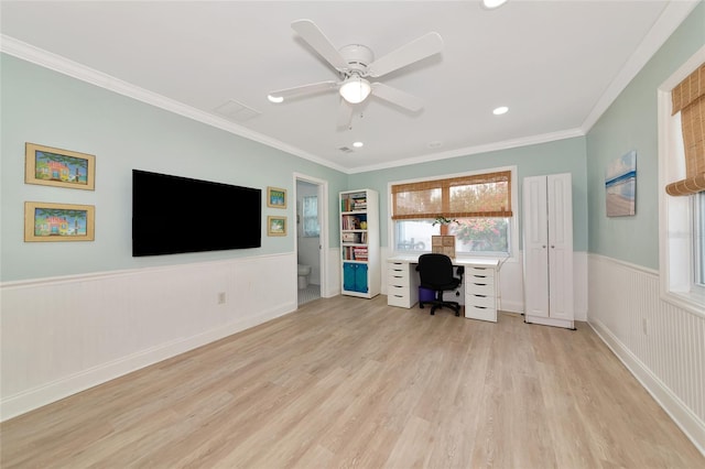 1722 Hazelwood St, Sarasota, FL 34231 - unfurnished office featuring light wood finished floors, wainscoting, ornamental molding, recessed lighting, and ceiling fan