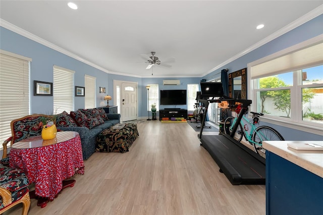 1722 Hazelwood St, Sarasota, FL 34231 - living room featuring light wood-style flooring, crown molding, ceiling fan, a wall mounted air conditioner, and recessed lighting