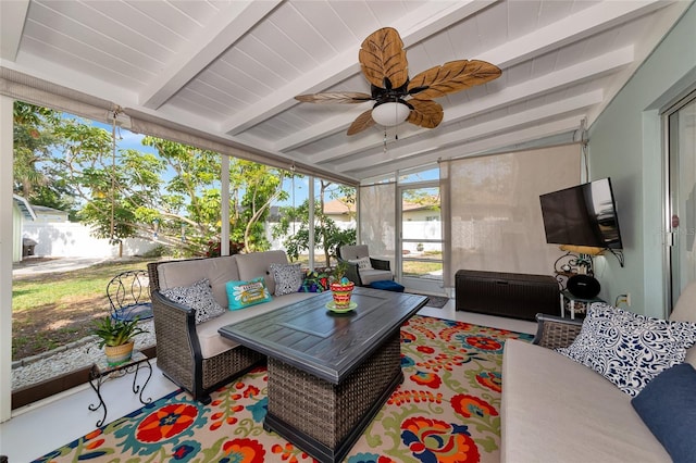 1722 Hazelwood St, Sarasota, FL 34231 - sunroom / solarium featuring outdoor lounge area, beamed ceiling, and ceiling fan