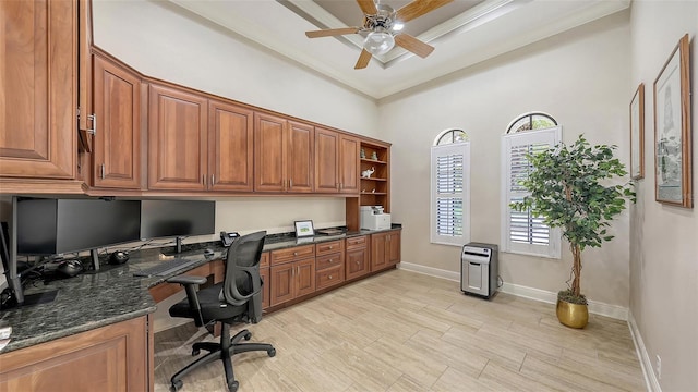 6919 Dominion Ln, Lakewood Ranch, FL 34202 - office space featuring built in desk, ceiling fan, and light wood-style floors