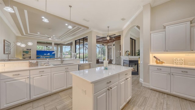 6919 Dominion Ln, Lakewood Ranch, FL 34202 - kitchen featuring a ceiling fan, a raised ceiling, a glass covered fireplace, ornamental molding, and white cabinets