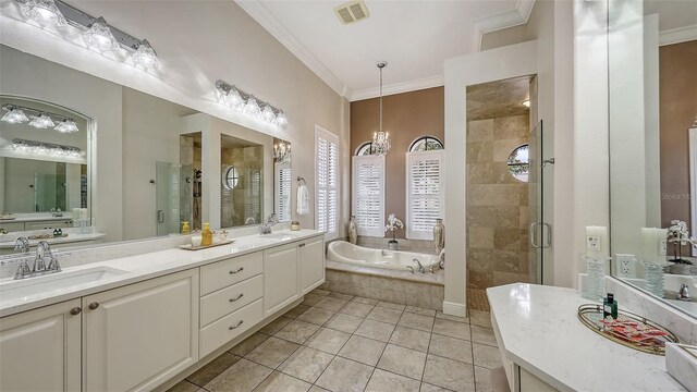 6919 Dominion Ln, Lakewood Ranch, FL 34202 - full bathroom featuring a stall shower, a garden tub, double vanity, ornamental molding, and tile patterned flooring
