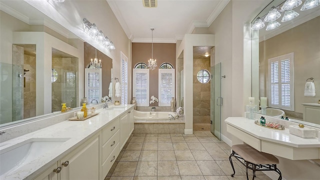 6919 Dominion Ln, Lakewood Ranch, FL 34202 - full bath with a shower stall, a bath, a chandelier, ornamental molding, and double vanity