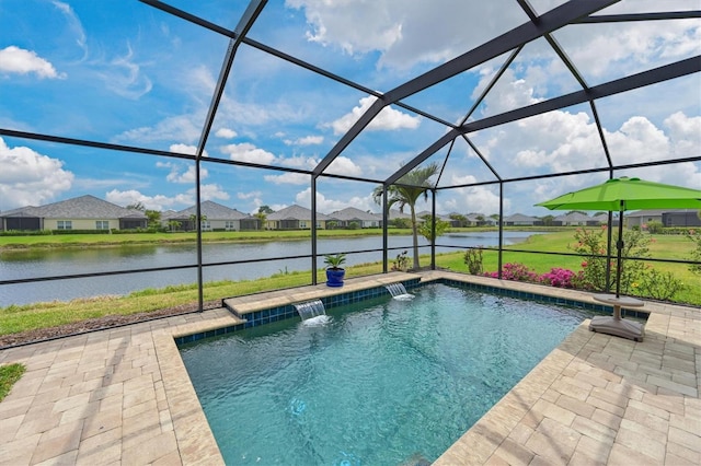 pool featuring a water view, a residential view, a lanai, and a patio area
