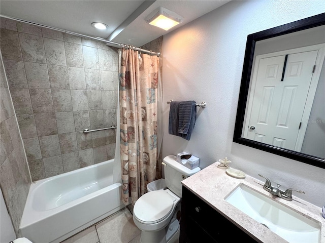 bathroom with vanity, toilet, tile patterned floors, and shower / tub combo with curtain
