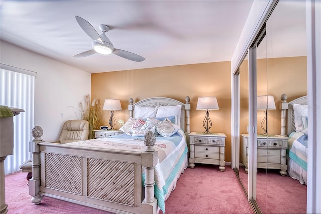 bedroom featuring a closet, a ceiling fan, and carpet