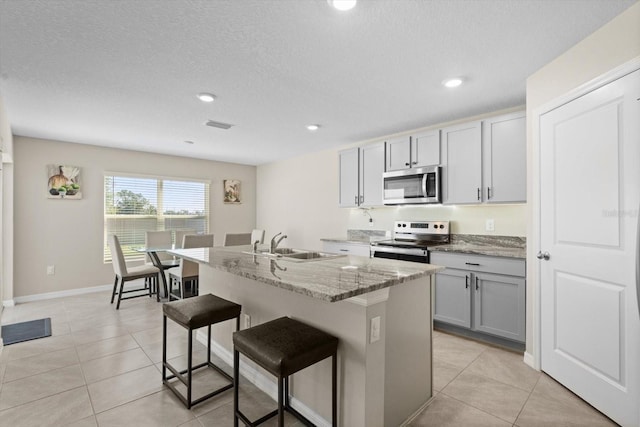 6314 Distant Haze Pl, Palmetto, FL 34221 - kitchen with appliances with stainless steel finishes, a sink, gray cabinetry, a center island with sink, and a kitchen bar