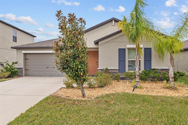 ranch-style home featuring a front lawn, stone siding, a garage, stucco siding, and driveway