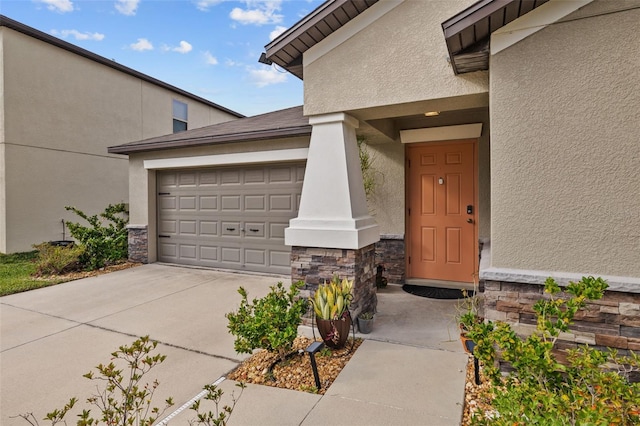 entrance to property with stucco siding and stone siding