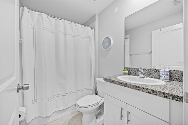 bathroom with visible vents, vanity, tile patterned floors, toilet, and shower / bathtub combination with curtain