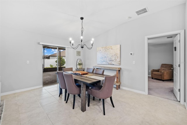 dining space featuring an inviting chandelier, baseboards, light tile patterned flooring, and visible vents