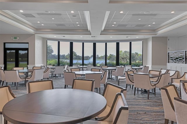dining room with a high ceiling, carpet, coffered ceiling, and recessed lighting