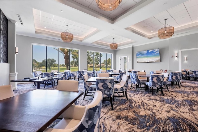 5217 Chase Oaks Dr, Sarasota, FL 34241 - dining room with coffered ceiling, beam ceiling, carpet, ornamental molding, and a tray ceiling
