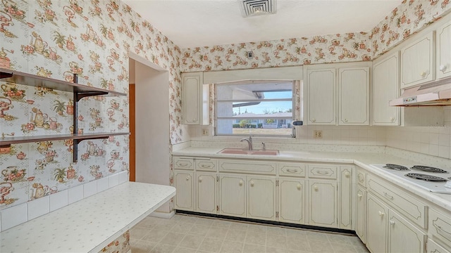 2702 Bedford Way, Sarasota, FL 34239 - kitchen featuring visible vents, white electric stovetop, wallpapered walls, under cabinet range hood, and a sink