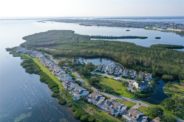 aerial overview of property's location with a nearby body of water, a forest, and nearby suburban area