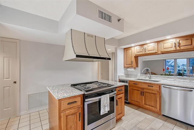 kitchen featuring stainless steel appliances, extractor fan, a sink, light tile patterned floors, and light stone counters