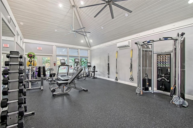 exercise room with a wall mounted AC, ceiling fan, vaulted ceiling, wood ceiling, and baseboards