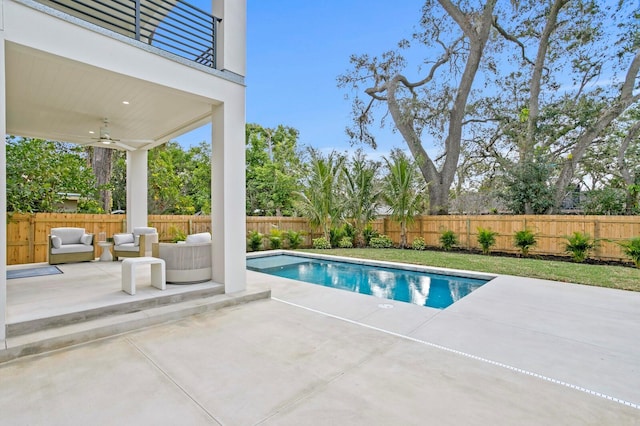 2554 Arlington St, Sarasota, FL 34239 - view of swimming pool featuring a patio, a fenced backyard, and a ceiling fan