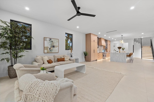 1559 Bay Rd, Sarasota, FL 34239 - living area featuring recessed lighting, ceiling fan, and stairway