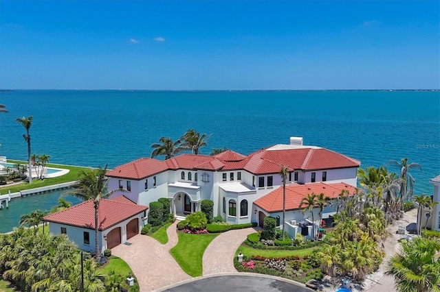 bird's eye view with a water view