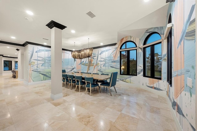 dining room with baseboards, recessed lighting, visible vents, and decorative columns