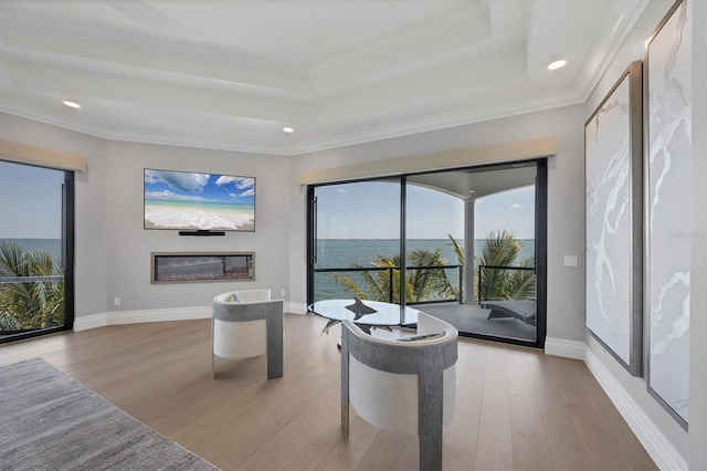 interior space featuring crown molding, a raised ceiling, recessed lighting, and wood finished floors