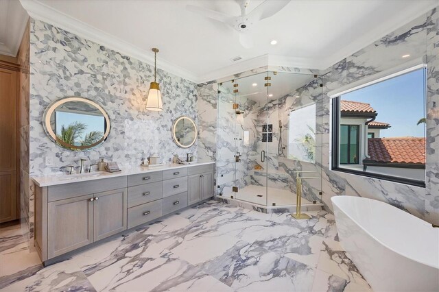 full bath with ornamental molding, a sink, a freestanding bath, double vanity, and a marble finish shower
