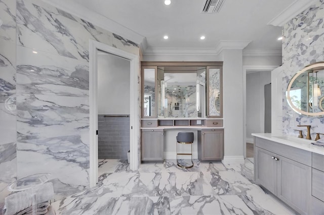 bathroom with recessed lighting, visible vents, a sink, two vanities, and crown molding