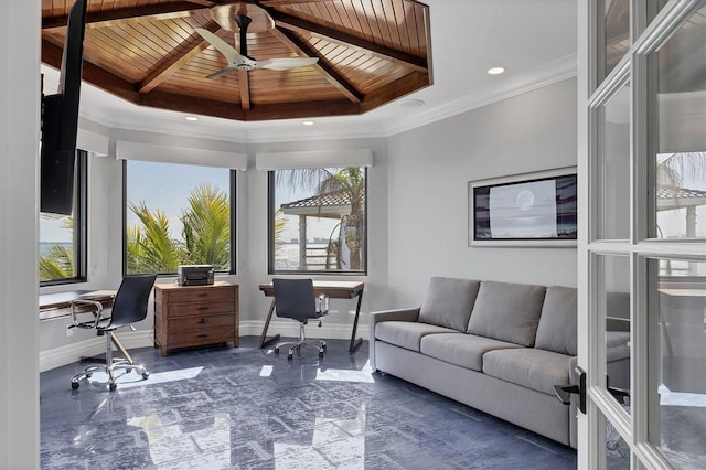 office area featuring baseboards, a wealth of natural light, beamed ceiling, and wood ceiling