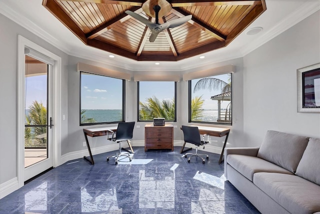 office space with a ceiling fan, wooden ceiling, baseboards, and beam ceiling