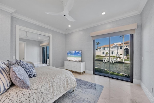 bedroom featuring access to exterior, crown molding, tile patterned flooring, ceiling fan, and recessed lighting