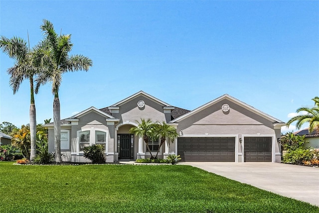 view of front of property featuring a garage, stucco siding, concrete driveway, and a front yard
