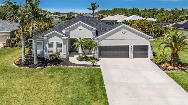 ranch-style house with roof with shingles, a front yard, a garage, concrete driveway, and stucco siding