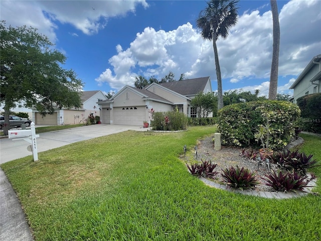 single story home featuring an attached garage, concrete driveway, stucco siding, and a front lawn