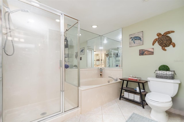full bathroom featuring toilet, a shower stall, tile patterned flooring, a bath, and recessed lighting