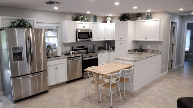kitchen with white cabinetry, visible vents, appliances with stainless steel finishes, and a sink
