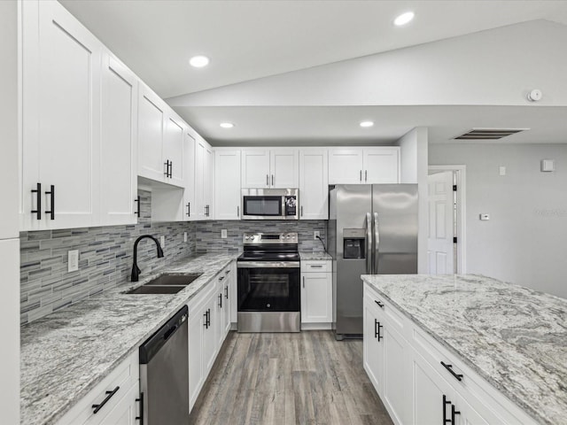 8304 Fishhawk Ave, New Port Richey, FL 34653 - kitchen with a sink, light wood finished floors, appliances with stainless steel finishes, and lofted ceiling