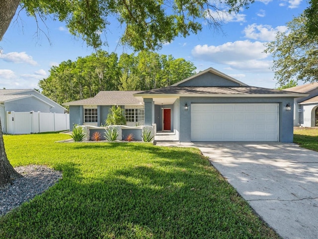 8304 Fishhawk Ave, New Port Richey, FL 34653 - ranch-style house with driveway, a front yard, a garage, fence, and stucco siding