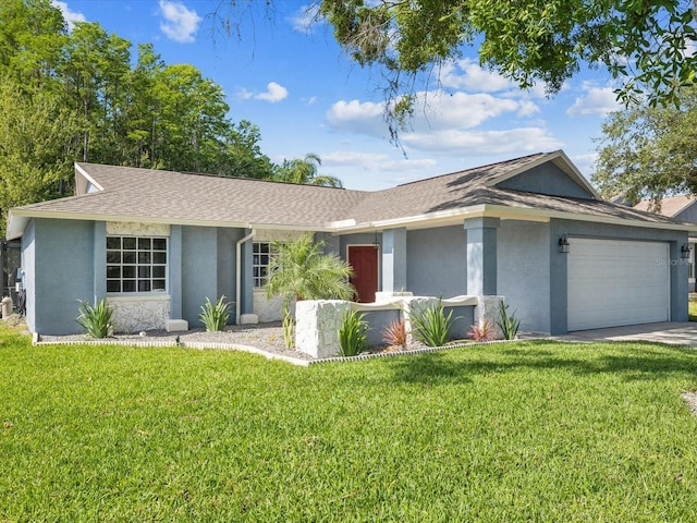 8304 Fishhawk Ave, New Port Richey, FL 34653 - ranch-style house with a garage, stucco siding, a front yard, and a shingled roof