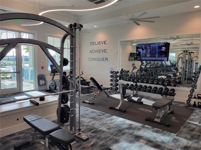 26017 Seastone Dr, Englewood, FL 34223 - exercise room featuring recessed lighting, carpet, and a ceiling fan
