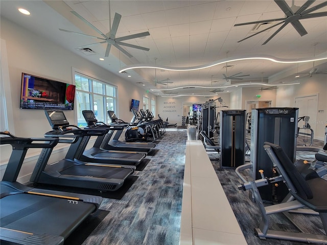 26017 Seastone Dr, Englewood, FL 34223 - workout area with ceiling fan, wood finished floors, baseboards, and recessed lighting