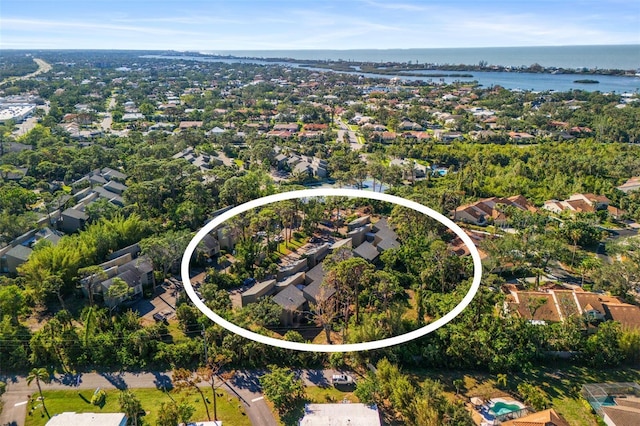 aerial view featuring a water view and a residential view