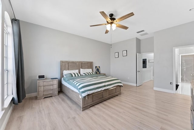 bedroom with visible vents, light wood-style flooring, ceiling fan, and baseboards