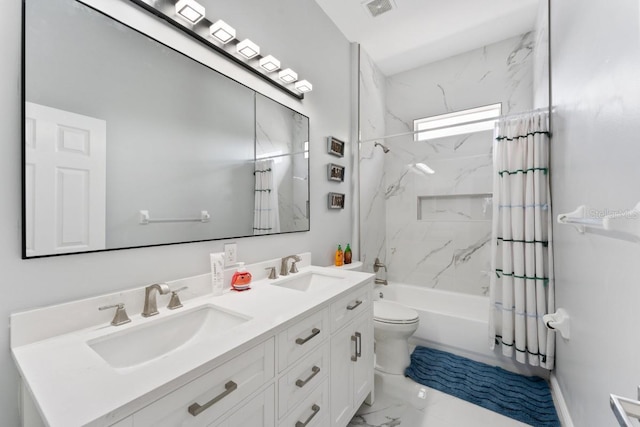 full bath with shower / bath combo, visible vents, a sink, and marble finish floor