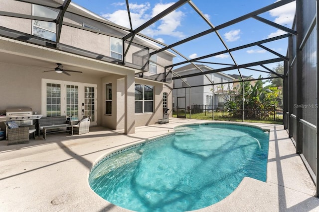 pool featuring ceiling fan, a lanai, a patio, outdoor lounge area, and a grill