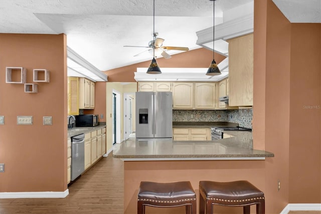 kitchen with a peninsula, ceiling fan, appliances with stainless steel finishes, and baseboards