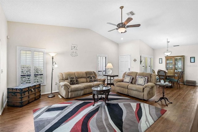 7817 Pine Trace Dr Unit 15, Sarasota, FL 34243 - living area featuring visible vents, ceiling fan, wood finished floors, and lofted ceiling